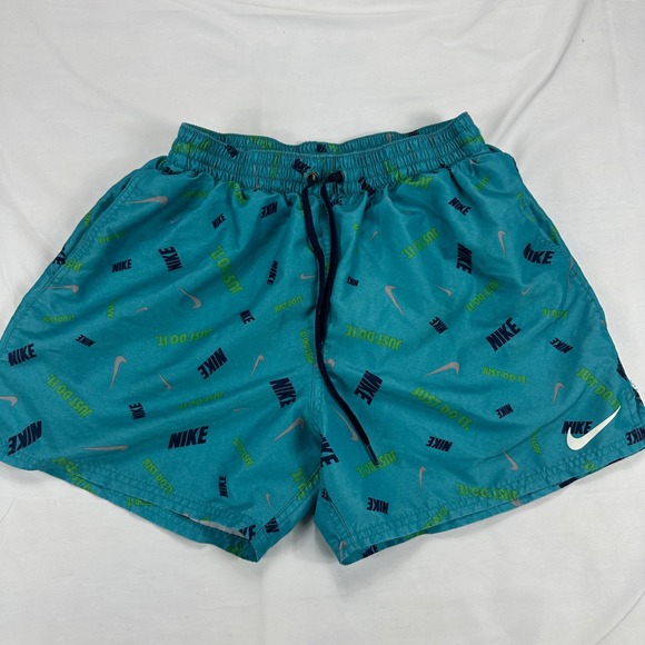 Nike Swim Trunks Men's L All Over Print Just Do It Aqua Blue Drawstring Shorts - Picture 1 of 8